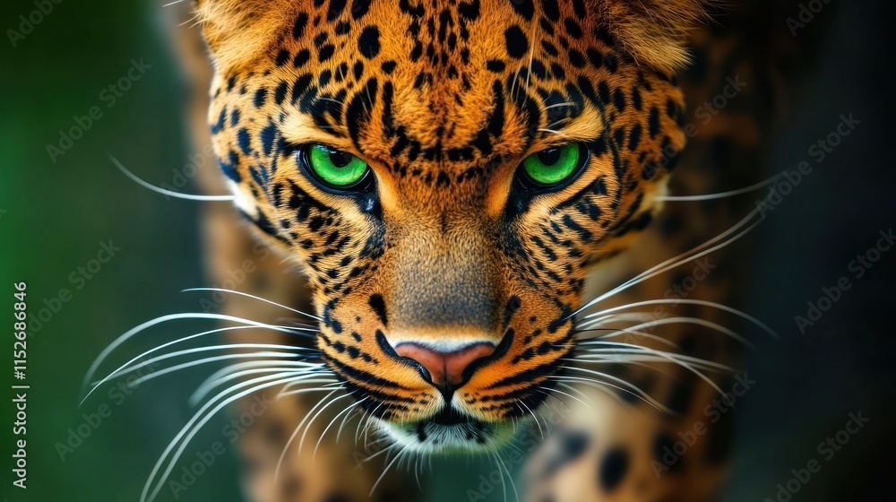 A close-up of a fierce leopard with striking green eyes and a vibrant spotted coat. A close-up of a fierce leopard with striking green eyes and a vibrant spotted coat.