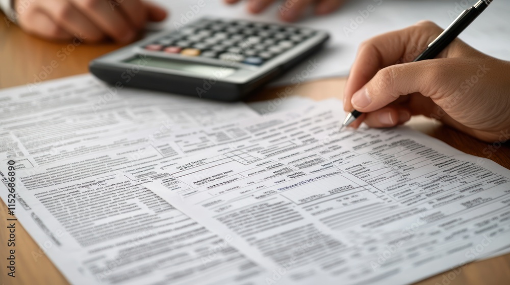 A hand fills out financial documents next to a calculator on a wooden table. A hand fills out financial documents next to a calculator on a wooden table.