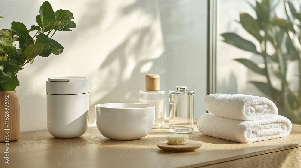 A serene arrangement of spa essentials, promoting relaxation and wellness. A serene arrangement of spa essentials, promoting relaxation and wellness.
