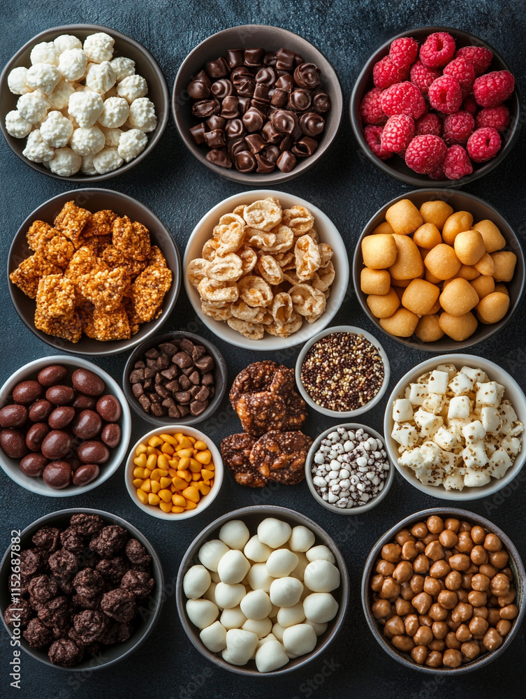 Diverse assortment of snacks displayed in bowls Diverse assortment of snacks displayed in bowls