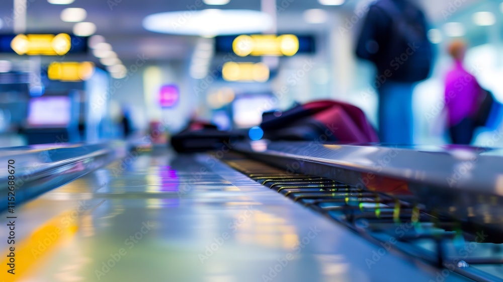 Fototapeta premium Close-up of traveler placing bag on conveyor belt at airport security checkpoint, showcasing meticulous security process with focus on bag and conveyor belt.
