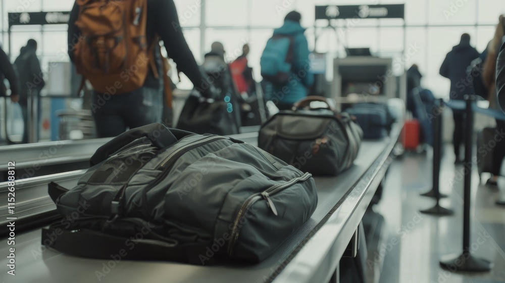 Obraz premium Close-up of traveler placing bag on conveyor belt at airport security checkpoint, showcasing meticulous security process with focus on bag and conveyor belt.
