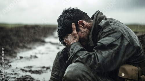 Exhausted soldier clutching head in rainy battlefield