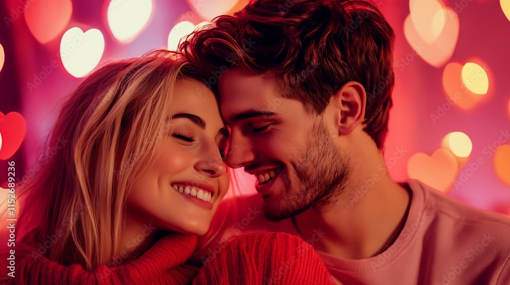Affectionate Couple Celebrating Romantic Valentine's Day with Tender Embrace and Radiant Smiles Affectionate Couple Celebrating Romantic Valentine's Day with Tender Embrace and Radiant Smiles