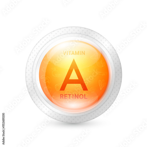 Vitamin A or Retinol in capsule transparent plastic on white background. Orange pill from fresh fruits rich in vitamins minerals. Natural alternative supplements. Vector 3D.