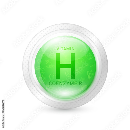 Vitamin H or Coenzyme R in capsule transparent plastic on white background. Green pill from fresh fruits rich in vitamins minerals. Natural alternative supplements. Vector 3D.