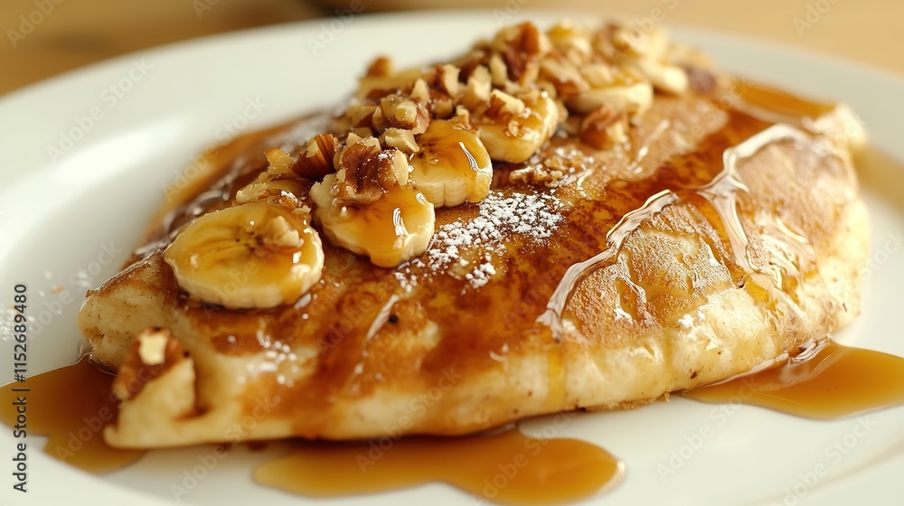 Soft vegan banana nut crepes filled with caramelized bananas, topped with crunchy walnuts, and drizzled with maple syrup, served on a delicate plate with a sprinkle of cinnamon. Soft vegan banana nut crepes filled with caramelized bananas, topped with crunchy walnuts, and drizzled with maple syrup, served on a delicate plate with a sprinkle of cinnamon.