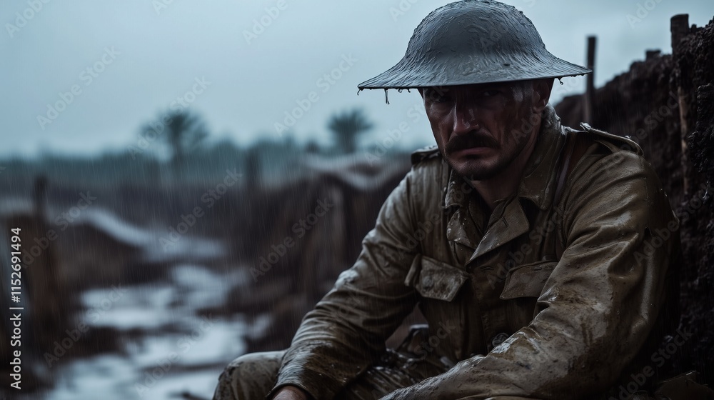 Soldier sitting in muddy trench during rain in World War I Soldier sitting in muddy trench during rain in World War I