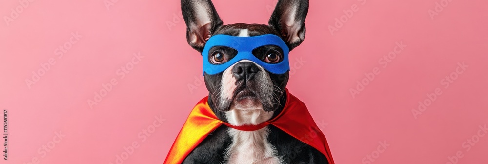 A dog dressed as a superhero with a mask and cape against a pink background. A dog dressed as a superhero with a mask and cape against a pink background.