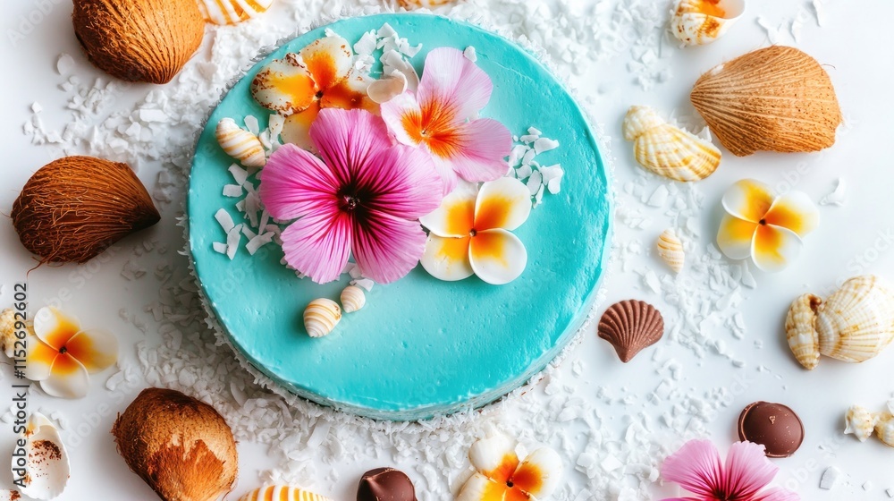 A beautifully decorated cake with tropical flowers and seashells, set for a celebration. A beautifully decorated cake with tropical flowers and seashells, set for a celebration.