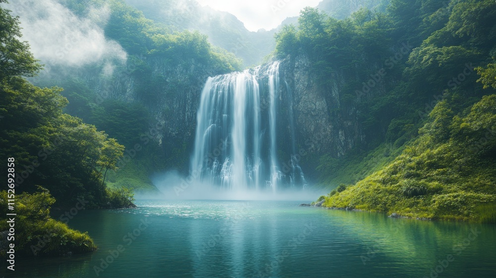 Fototapeta premium Serene waterfall cascades into tranquil green lake.