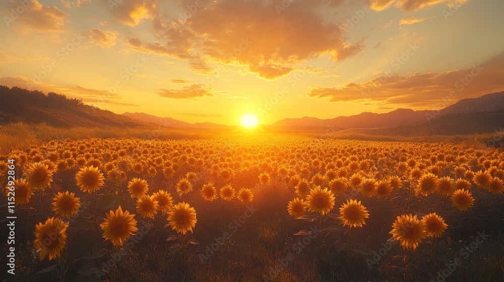 Sunset over vast sunflower field, golden hour. Sunset over vast sunflower field, golden hour.