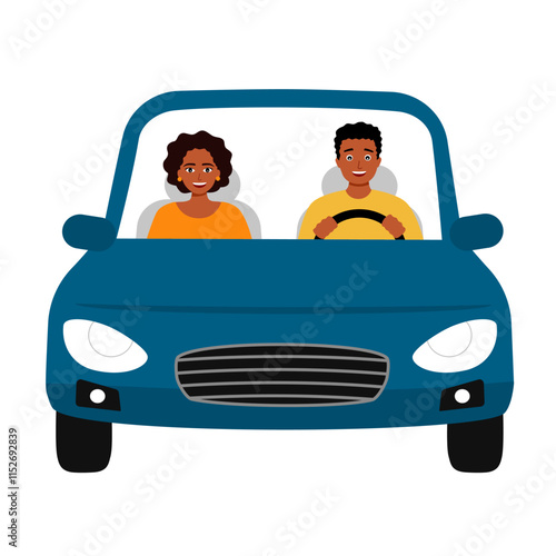Black couple in car in flat design on white background.