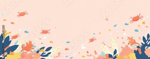 A colorful underwater scene featuring crabs and marine plants on a soft pink background. photo