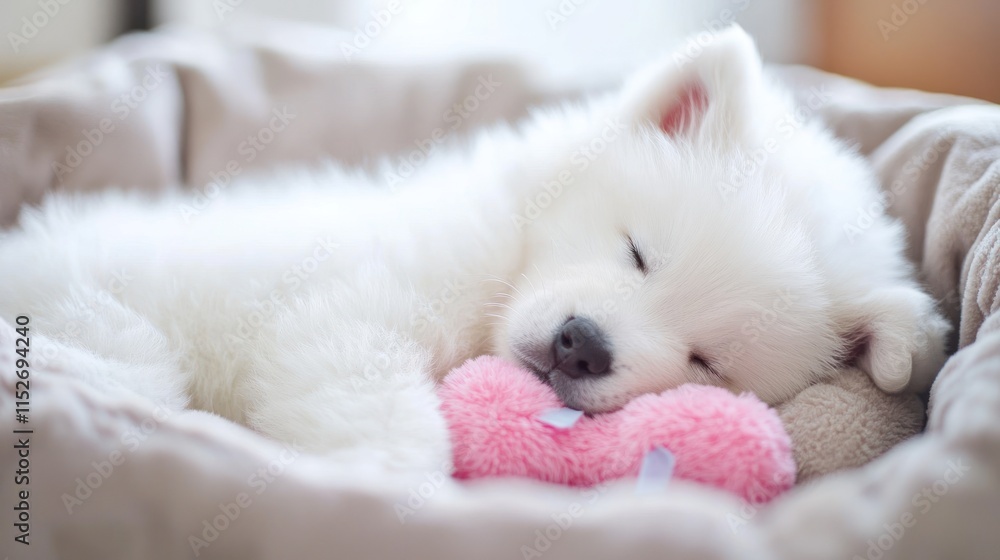 A sleeping puppy cuddles a pink toy in a cozy bed. A sleeping puppy cuddles a pink toy in a cozy bed.