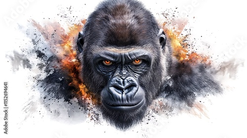 Fierce Gorilla Portrait: Digital Painting with Fire and Ink Splatter Effects AI Generated photo