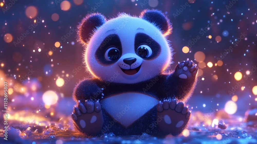 A cute, cartoonish panda sitting happily in a colorful, sparkling environment. A cute, cartoonish panda sitting happily in a colorful, sparkling environment.