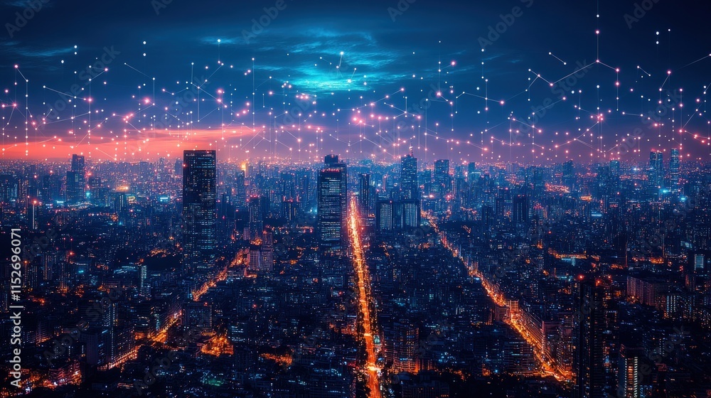 Fototapeta premium Night cityscape, illuminated buildings, connected network.