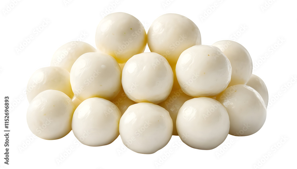 A collection of baby mozzarella cheese balls is presented against a white background A collection of baby mozzarella cheese balls is presented against a white background