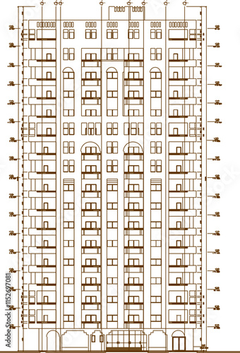 Vector sketch illustration silhouette drawing architectural engineering design multi-storey apartment hotel building 