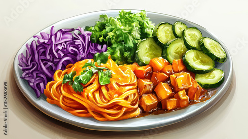 Wallpaper Mural A clean, detailed illustration of a gourmet meal plate, featuring a vibrant noodle dish with a creamy orange sauce, fresh cucumber salad with purple cabbage accents, and roasted vegetable medley in so Torontodigital.ca