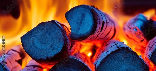 Blazing Flames of a Roaring Fireplace Igniting Wooden Logs and Embers photo