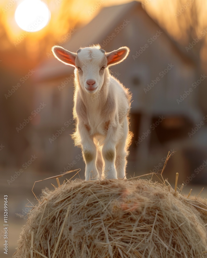Baby goat stands on hay bale at sunset. Baby goat stands on hay bale at sunset.