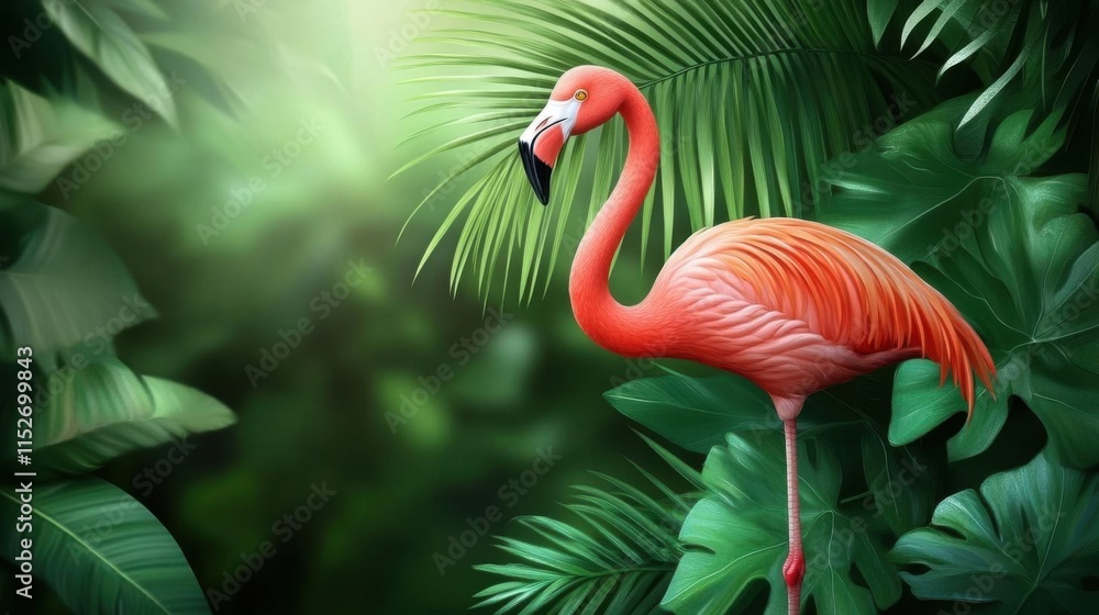 Fototapeta premium Pink Flamingo Stands Gracefully amidst Lush Tropical Greenery, Wildlife Beauty in Nature's Paradise.