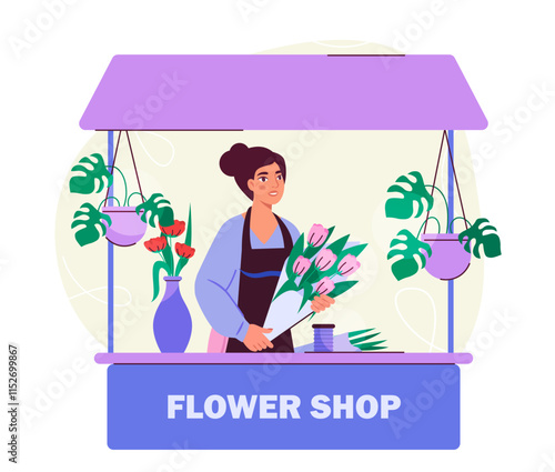 Seller in flower shop. Woman with bouquet in her hands sells flowers. Cendor with bloom and blossom plants. Romantic gifts and presents. Florist at workplace. Flat vector illustration