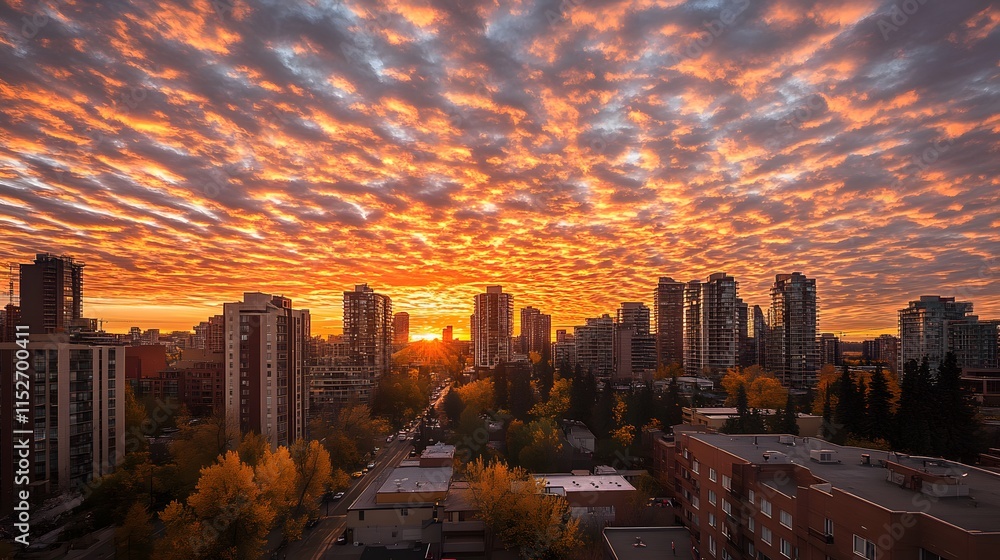 Fototapeta premium A serene sunrise over a cityscape viewed from a rooftop balcony