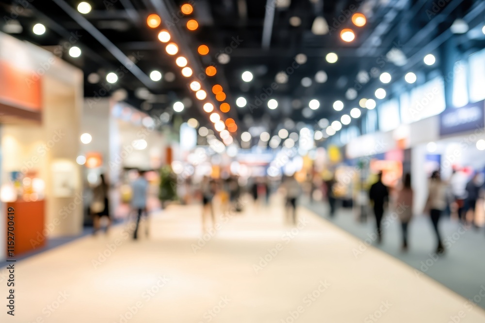 Blurred image of a crowded trade show floor with exhibitors and attendees.