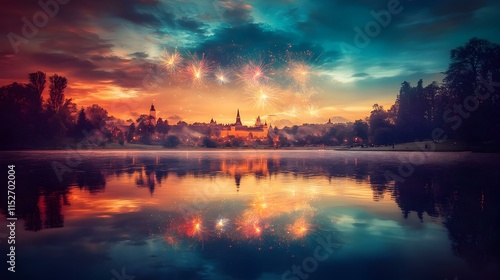 Festive fireworks display over a lake reflecting a castle at sunset. Magical, dreamy scene.