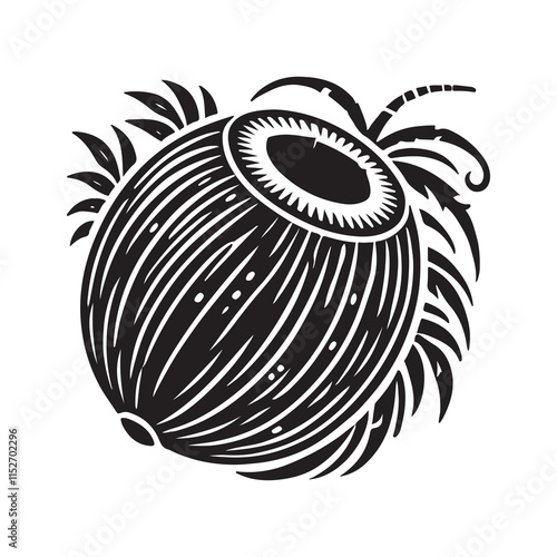 Coconut Silhouette Vector Illustration, Solid White Background.