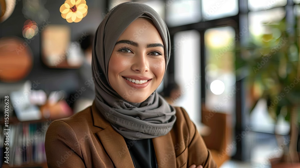 Confident Muslim woman in hijab, smiling, arms crossed, professional attire. Confident Muslim woman in hijab, smiling, arms crossed, professional attire.