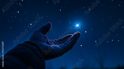 Wallpaper Mural A close-up of a personâ€™s hand pointing toward a glowing star in a clear night sky Torontodigital.ca