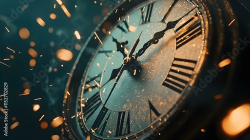 Close-up of antique clock face with sparks, suggesting time, fleeting moments, and the passage of time. photo