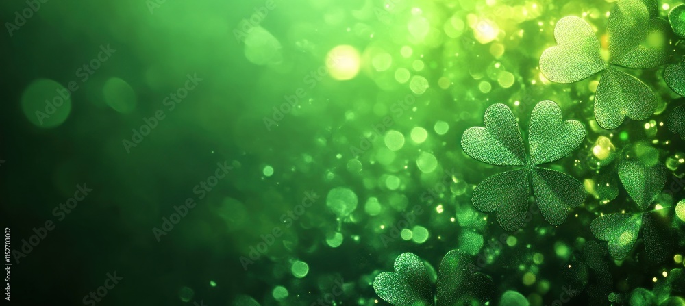 A vibrant green background featuring clovers and bokeh effects, ideal for St. Patrick's Day themes. A vibrant green background featuring clovers and bokeh effects, ideal for St. Patrick's Day themes.