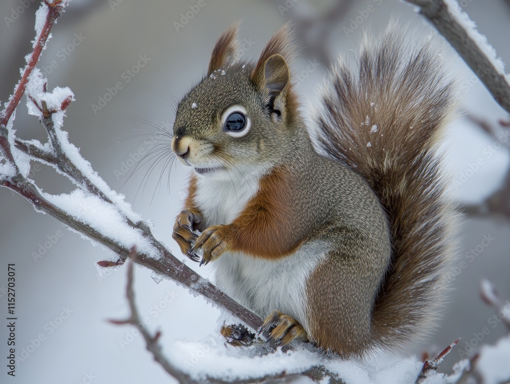 A close-up of a squirrel perched on a snowy branch, showcasing its fur and environment. A close-up of a squirrel perched on a snowy branch, showcasing its fur and environment.