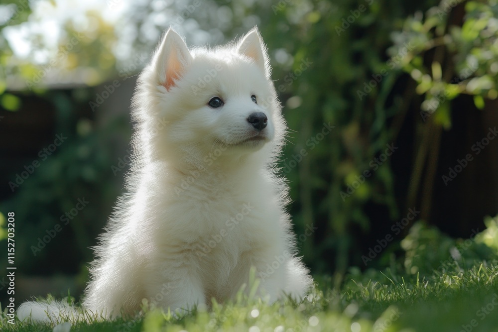 A fluffy white puppy sitting in a garden, surrounded by greenery and soft sunlight. A fluffy white puppy sitting in a garden, surrounded by greenery and soft sunlight.