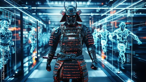 Futuristic Samurai Warrior in a High-Tech Arena Surrounded by Digital Ghosts of Warriors