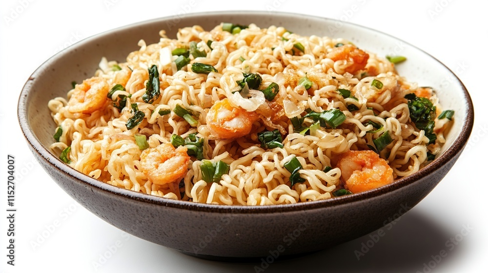 Delicious shrimp and noodles in a bowl, garnished with green onions. Delicious shrimp and noodles in a bowl, garnished with green onions.
