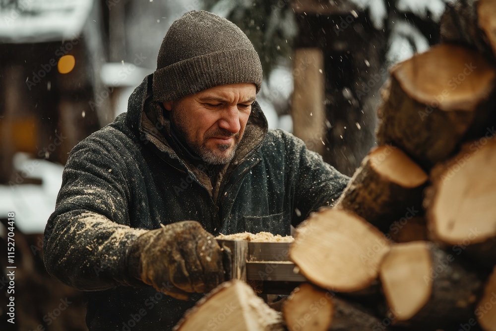 Man sawing wood in snowy weather, wearing gloves and a beanie. Photo depicts hard work, winter, and manual labor. Man sawing wood in snowy weather, wearing gloves and a beanie. Photo depicts hard work, winter, and manual labor.