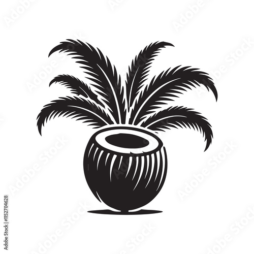 Coconut Silhouette Vector Illustration, Solid White Background.