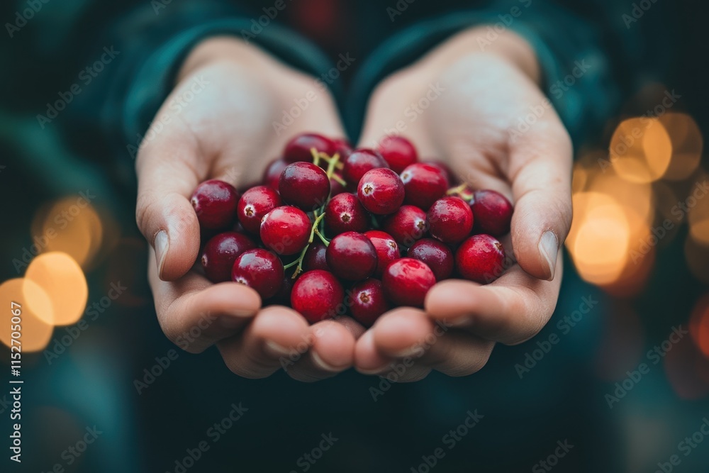 A person holds a cluster of red berries in their hands, surrounded by soft, warm lights. A person holds a cluster of red berries in their hands, surrounded by soft, warm lights.