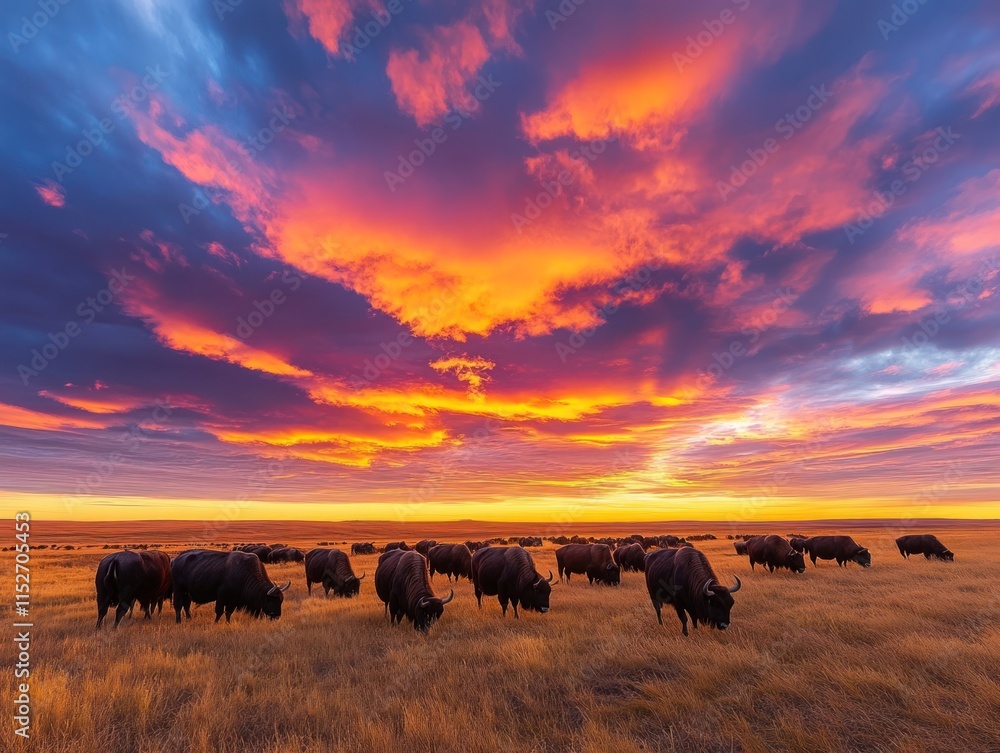 A herd of bison grazes in a golden field under a vibrant sunset sky. A herd of bison grazes in a golden field under a vibrant sunset sky.
