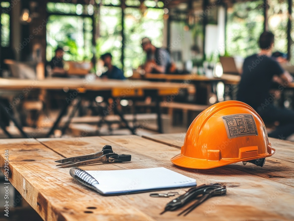 A workspace with a hard hat, tools, and a notebook on a wooden table in a collaborative environment. A workspace with a hard hat, tools, and a notebook on a wooden table in a collaborative environment.