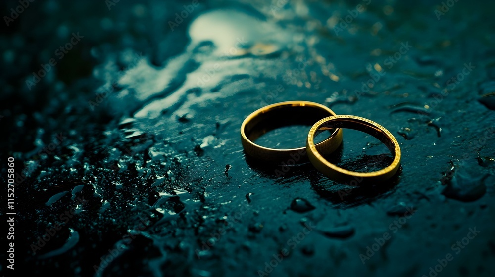 Golden wedding rings on a dark, wet surface. Romantic, moody image. Golden wedding rings on a dark, wet surface. Romantic, moody image.