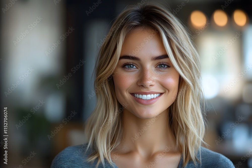 Close-Up Portrait of Smiling Young Woman with Blonde Hair Natural Makeup in Soft Focus Background Close-Up Portrait of Smiling Young Woman with Blonde Hair Natural Makeup in Soft Focus Background