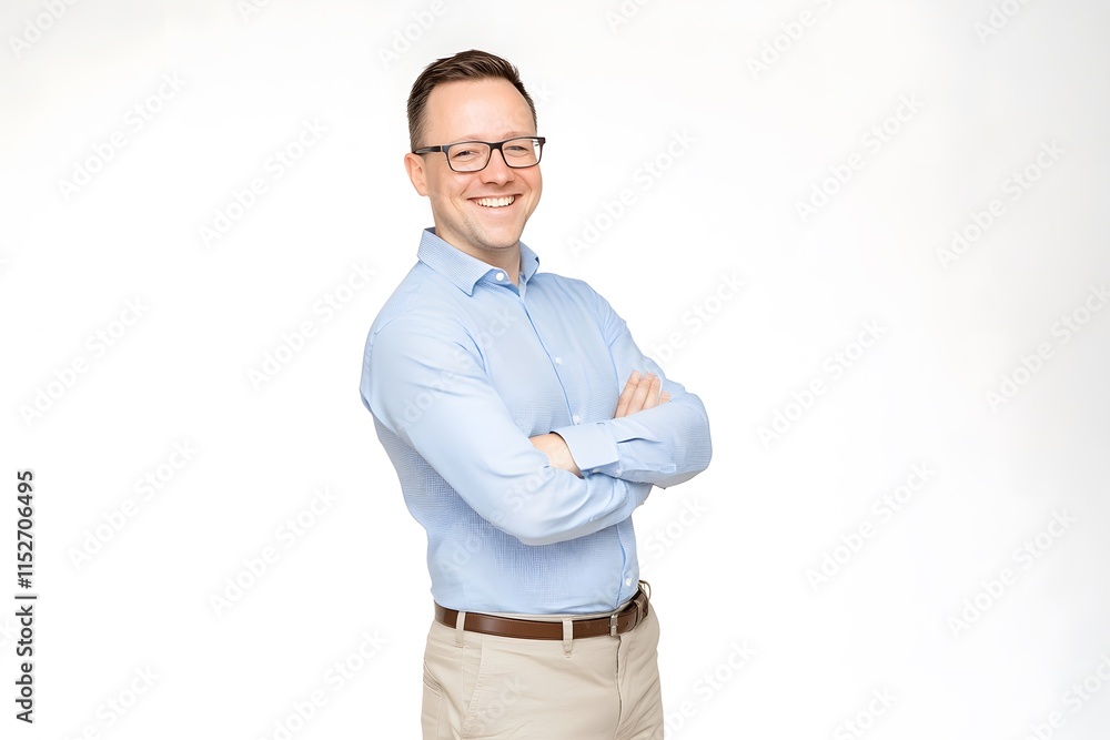 Confident Businessman in Smart Casual Attire Smiling with Arms Crossed on White Background Confident Businessman in Smart Casual Attire Smiling with Arms Crossed on White Background