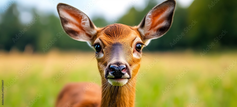 Curious Deer Gazing Intently in Tranquil Meadow Scene Curious Deer Gazing Intently in Tranquil Meadow Scene